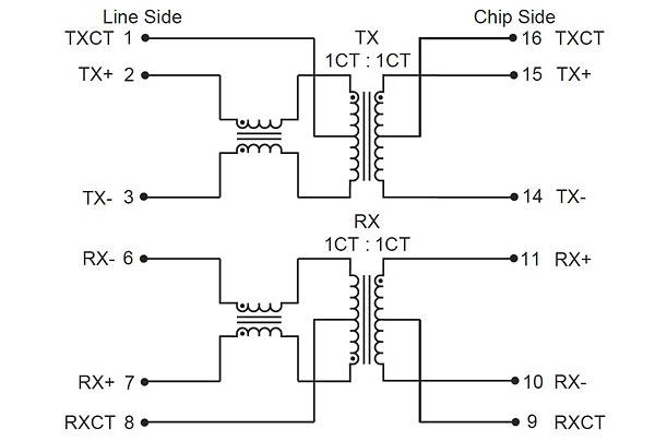 Integrated magnetics schematic diagram for 10BASE-T